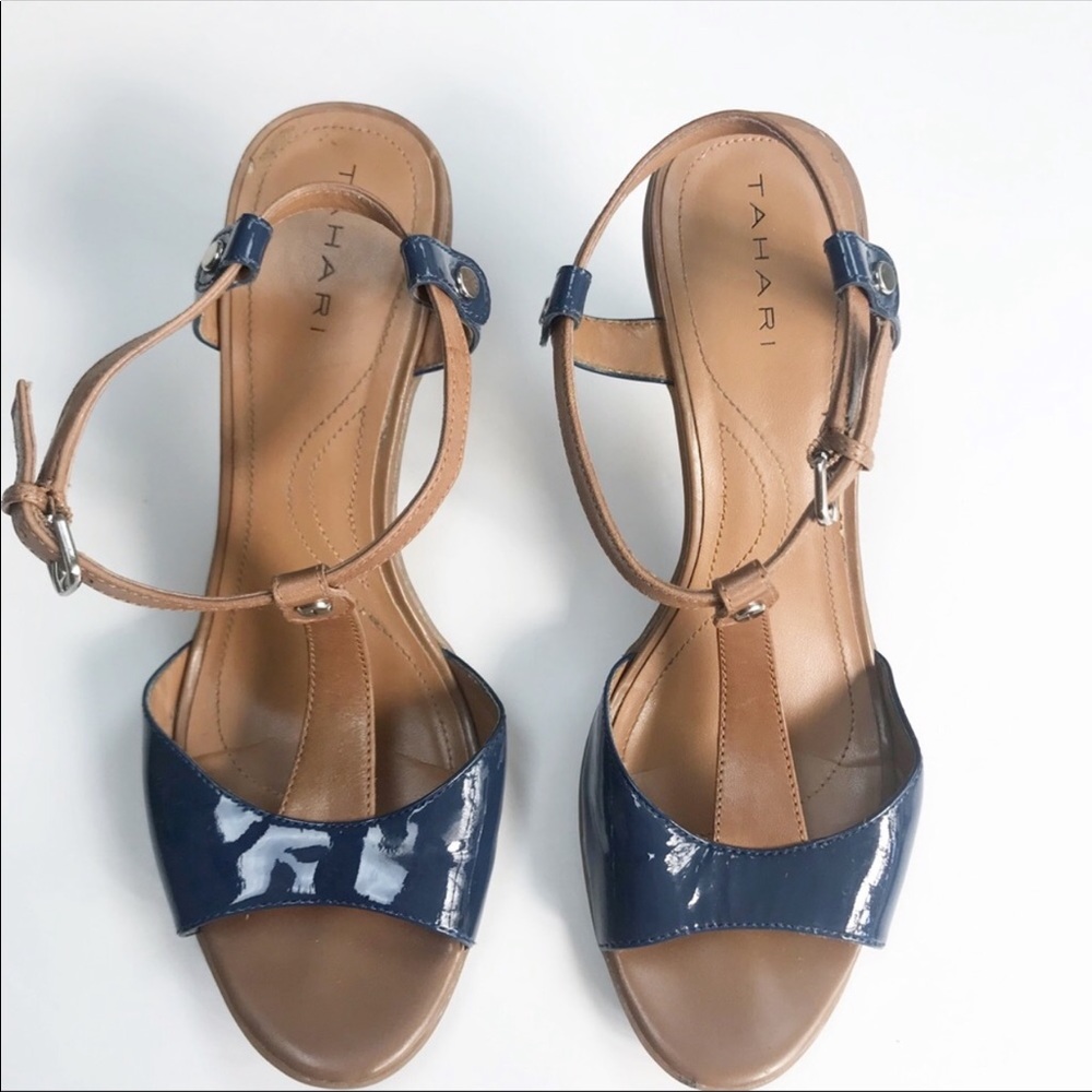 TAHARI | Betsy t-strap high heels blue tan heels